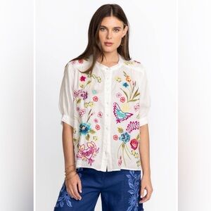 Johnny Was | Jessi Shirred Yoke Linen Blouse | 100%‎ Linen | Women’s Size Large